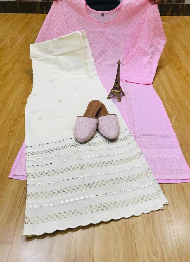 Light Pink Pure Cotton Festival Wear Chiikankari Kurti With Sharara